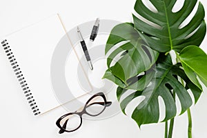 Flat lay tropical jungle Monstera leaves, paper notebook, glasses, pen on white background. Top view feminine diary and stationery