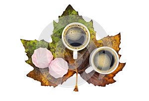 Flat lay of two coffee cups and rose marshmallows on a large green-yellow maple leaf isolated on white. Cosy autumn composition