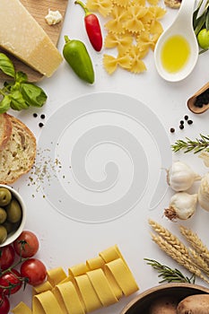 flat lay uncooked pasta ingredients frame. High quality beautiful photo concept