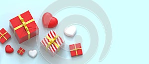 Flat lay Valentine`s day on Blue Background composition Red hearts with gift box and greeting card Concept. love sale banner