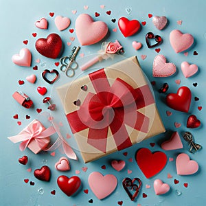 Flat Lay Valentines Day Background with Gift Box and a Medley of Hearts. Generative ai for illustrations