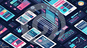 Flat lay of various devices with programming code interface. Software development and programming concept for design and print