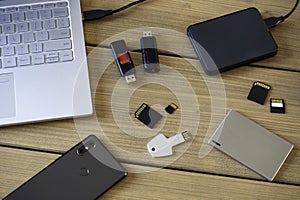 Flat lay. Various digital data storage devices