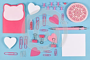 Flat lay with various pink arranged stationery office supplies like pen, note book, blank note paper, pins or retaining clip on bl