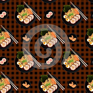 Flat lay vector seamless pattern of japanese soup Ramen