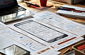 Mobile App Interface Design Sketches on Desk