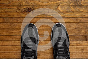 Flat Lay View men shoes on wood background studio photography