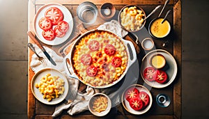 Flat lay view of a table served with a Mac and Cheese meal, surrounded by plates of fresh, sliced tomatoes