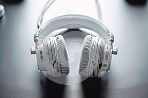 Flat lay of white headphones on white background, top view