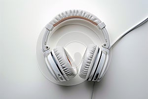 Flat lay of white headphones on white background, top view