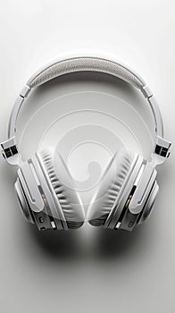 Flat lay of white headphones on white background, top view