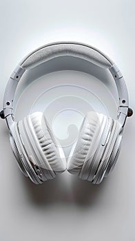 Flat lay of white headphones on white background, top view