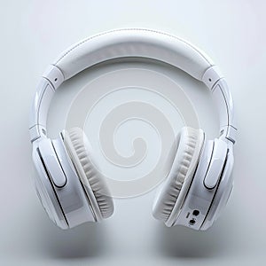 Flat lay of white headphones on white background, top view