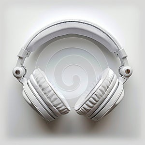 Flat lay of white headphones on white background, top view