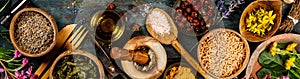 Flat lay of wild healing herbs