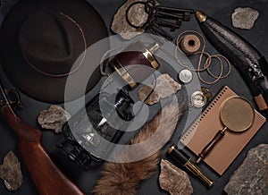 Flat lay with wild west vintage objects. Exploration, adventure