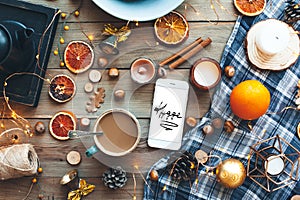 Flat lay of winter or autumn home decor