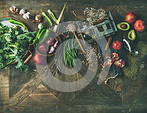 Flat-lay of winter vegetarian or vegan food cooking ingredients