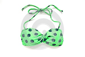 Flat lay of woman`s trendy bikini, neon color with shells, Summe