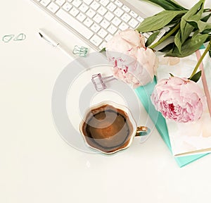 Flat lay women`s office desk. Female workspace