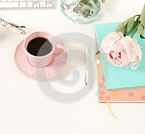 Flat lay women`s office desk. Female workspace