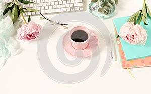 Flat lay women`s office desk. Female workspace