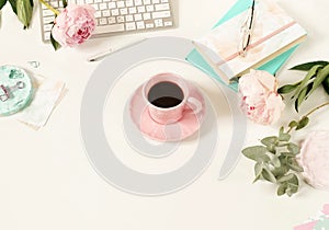 Flat lay women`s office desk. Female workspace