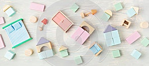 Flat lay with wooden  blocks in pastel colors. Eco friendly, zero waste, plastic free, educational, gender neutral toys for