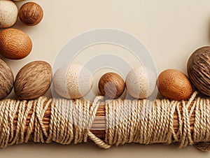Flat lay of Yarn Balls and Macrame Tools on Gray Desk