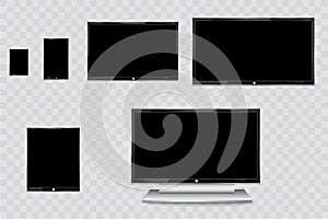 Flat led monitor of computer or black photo frame isolated on a transparent background. Vector blank screen lcd, plasma, panel or