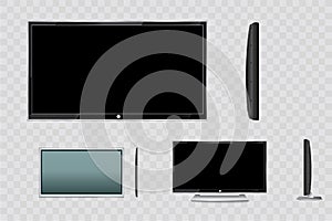 Flat led monitor of computer or black photo frame isolated on a transparent background. Vector blank screen lcd, plasma, panel or