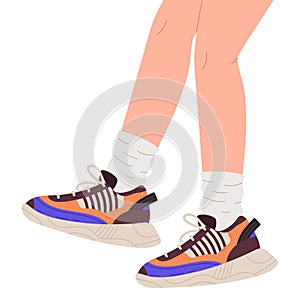 Flat legs wearing sneakers. Female legs shod fitness training shoes, stylish sportswear. Casual female footwear flat vector