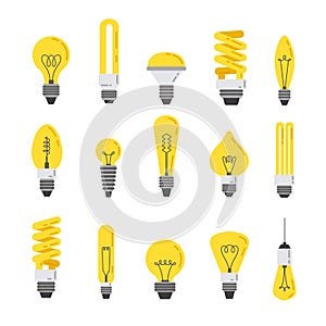 Flat light bulb. Incandescent lamp, energy efficient led lights and bright idea symbol cartoon vector set