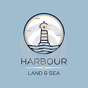 Flat lighthouse icon on blue sea, illustration vector background