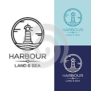 Flat lighthouse icon on blue sea, illustration vector background