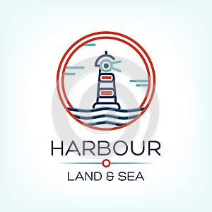 Flat lighthouse icon on blue sea, illustration vector background