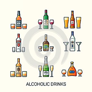 Flat line alcoholic drinks icons