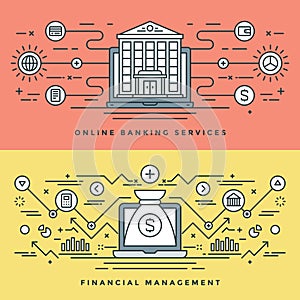 Flat line Banking and Financial Management Concept Vector illustration. Modern thin linear stroke vector icons.