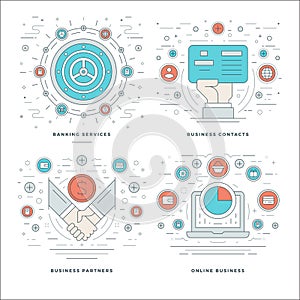 Flat line Banking Services, Contacts, Partners, Online Business Process Concepts Set Vector illustrations.