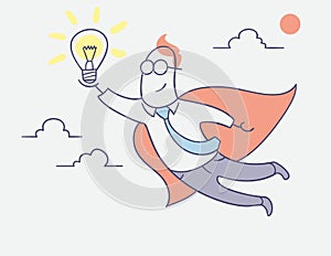 Flat line character design - businessman hero flying with bright idea