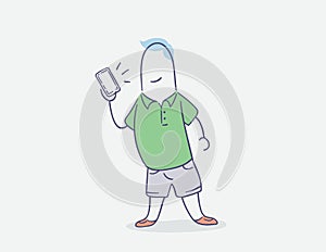 Flat line character vector design - standing man using smart phone
