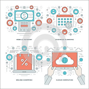 Flat line Cloud Computing, Internet Shopping, Mobile Payments, Business Concepts Set Vector illustrations.