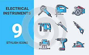 Flat line color icons collection of power tools.