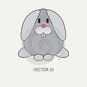 Flat line color vector icon with cute animal for baby products - bunny. Cartoon style. Childrens doodle. Babyhood
