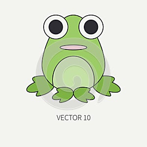 Flat line color vector icon with cute animal for baby products - frog. Cartoon style. Childrens doodle. Babyhood