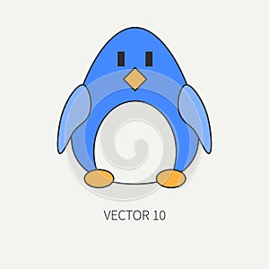 Flat line color vector icon with cute animal for baby products - penguin. Cartoon style. Childrens doodle. Babyhood