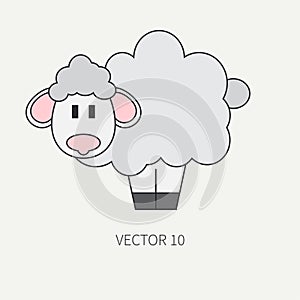 Flat line color vector icon with cute animal for baby products - sheep. Cartoon style. Childrens doodle. Babyhood