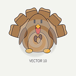 Flat line color vector icon with cute animal for baby products - turkey. Cartoon style. Childrens doodle. Babyhood