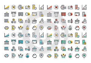 Flat line colorful icons collection of banking and e-banking