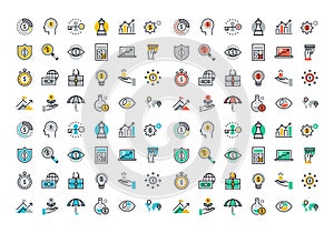 Flat line colorful icons collection of business and finance